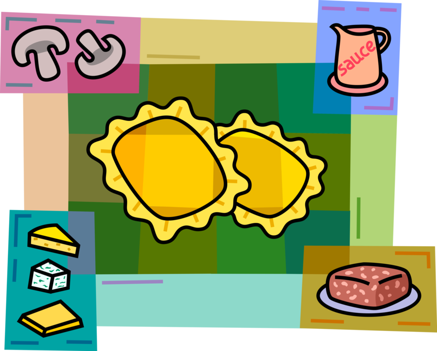 Vector Illustration of Italian Stuffed Pasta Filled with Roasted Meat, Cheese, or Vegetables with Mushrooms Cheese and Bread