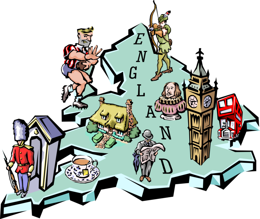 Vector Illustration of England Part of United Kingdom Vignette Map with Tourism Infographic Icons