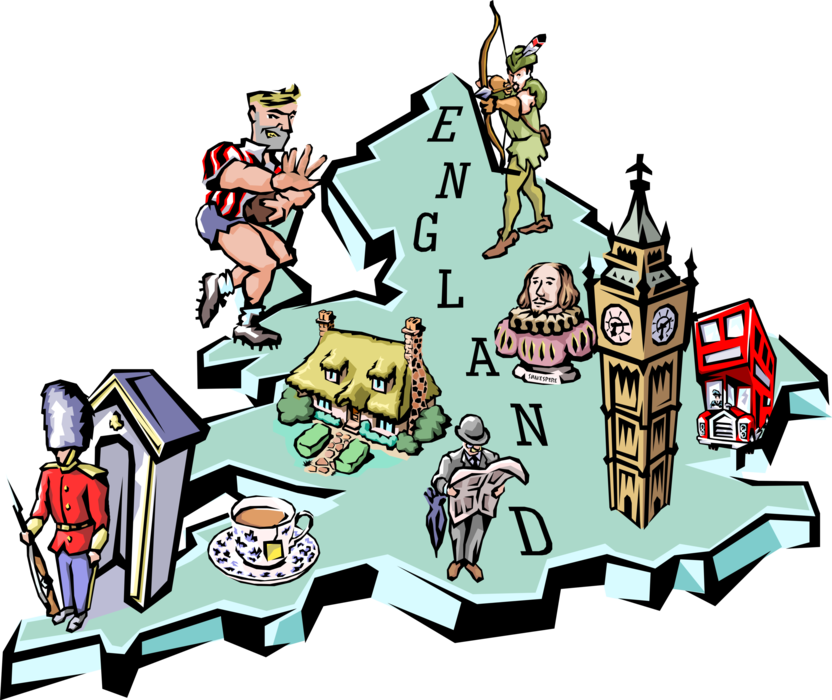 Vector Illustration of England Part of United Kingdom Vignette Map with Tourism Infographic Icons
