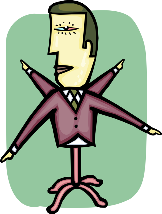 Vector Illustration of Businessman Seeks Direction with Spinning Pointing Arrow Arms