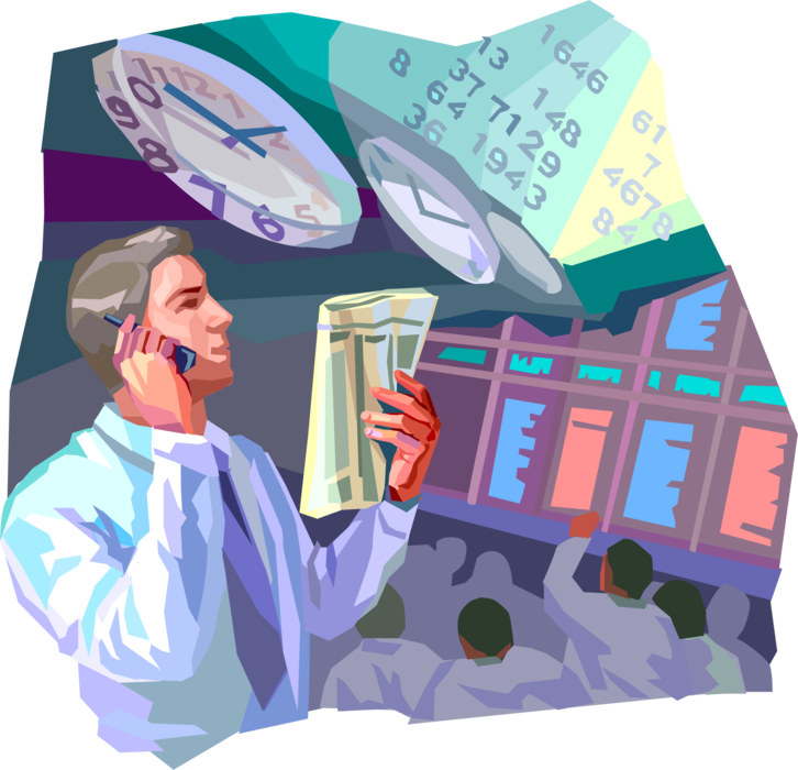 Vector Illustration of Stock Market Investor Monitors Wall Street Index with Financial News Report
