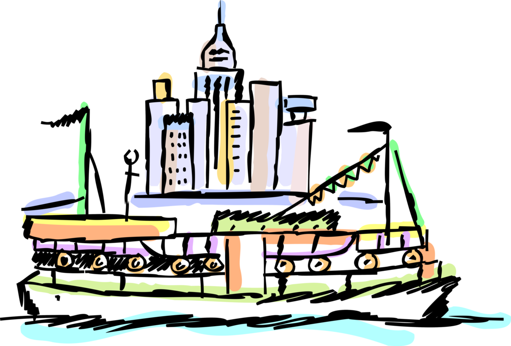Vector Illustration of Ferry or Ferryboat Watercraft Vessel Transports Passengers and Tourists with City Skyline