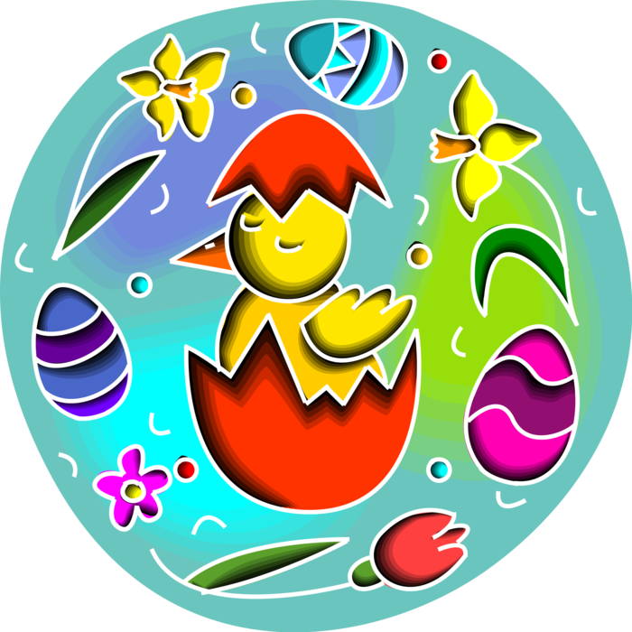Vector Illustration of Yellow Chick Bird Hatches from Easter Egg with Daffodil Flowers