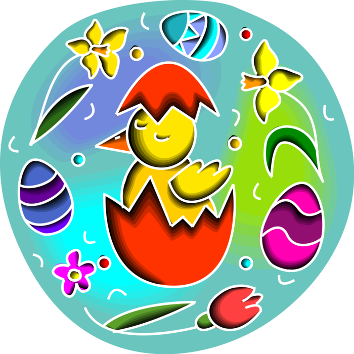 Vector Illustration of Yellow Chick Bird Hatches from Easter Egg with Daffodil Flowers