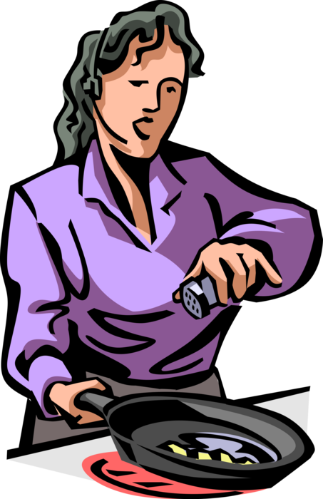 Vector Illustration of Woman in Conversation Talks on Headset While Cooking Breakfast on Stove in Frying Pan