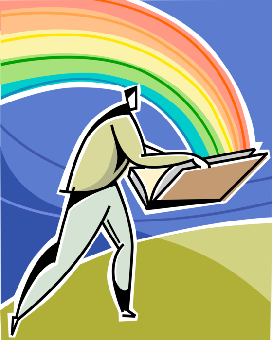 Vector Illustration of Businessman Opens Book with Serendipitous Rainbow of Promise and Prosperity
