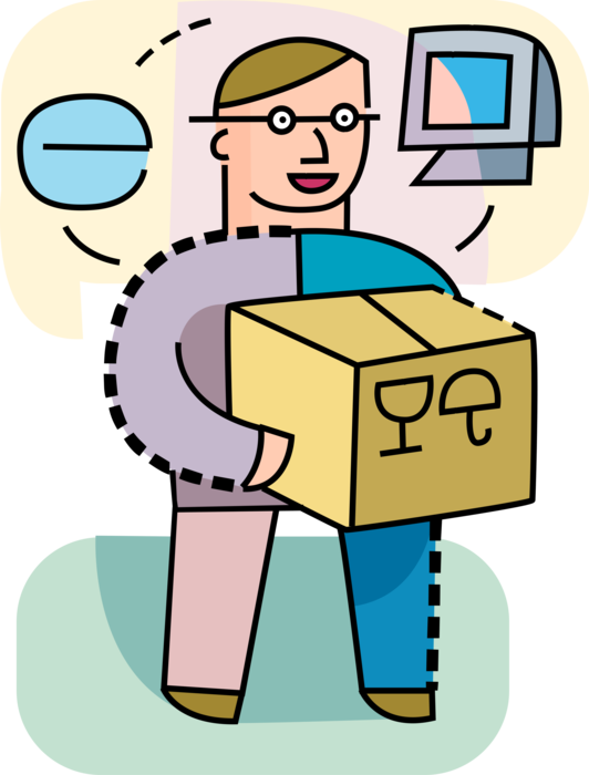 Vector Illustration of Customer Receives Online eCommerce Transaction Purchase Shipment in Cardboard Box