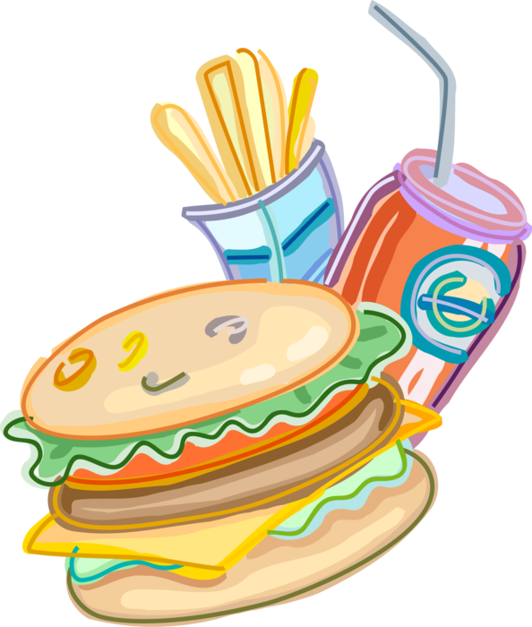 Vector Illustration of Fast Food Hamburger with French Fries and Soft Drink Soda Pop