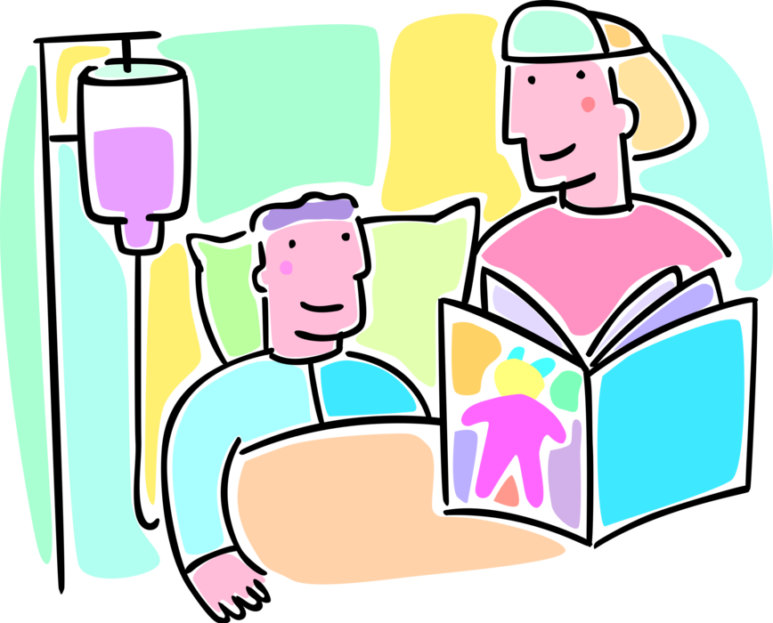 Vector Illustration of Reading Book to Sick Child in Hospital Bed Receiving Intravenous IV Plasma Drip
