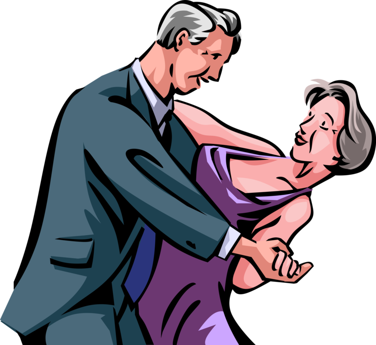Vector Illustration of Retired Elderly Senior Citizen Romantic Couple Get Down on Ballroom Dance Floor