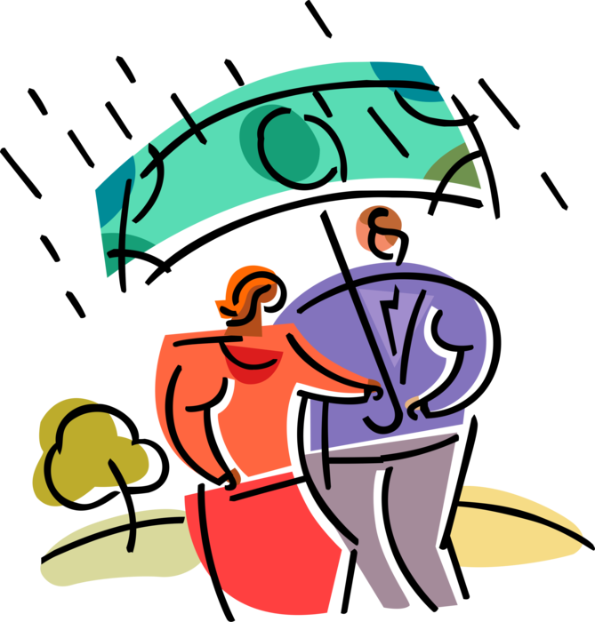 Vector Illustration of Husband and Wife Family Couple Protected from Unforeseen Financial Risks with Insurance Umbrella