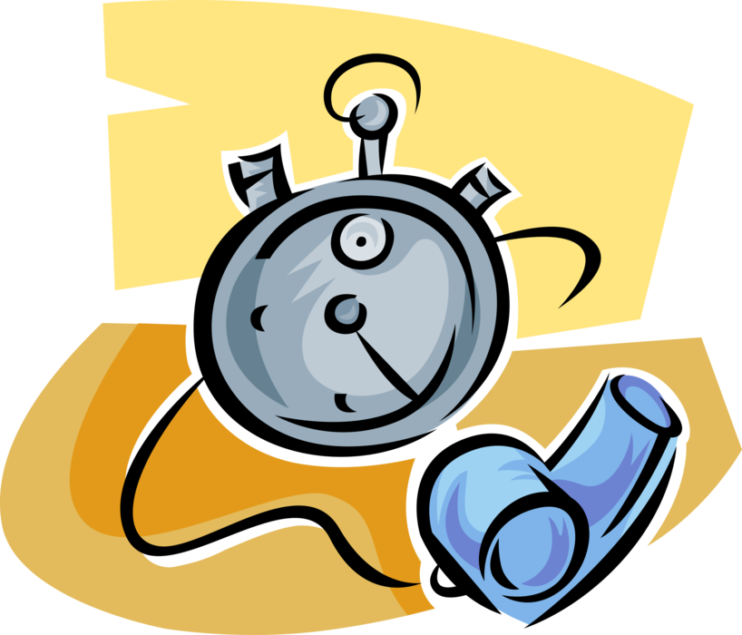 Vector Illustration of Stopwatch Handheld Timepiece Measures Elapsed Time and Sports Referee Whistle 