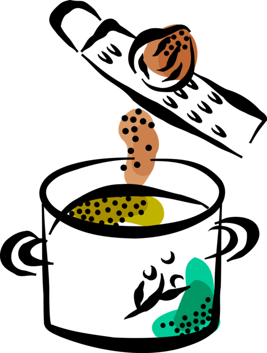 Vector Illustration of Grated Truffle Fungus in Soup Pot Food Combining Meat, Vegetable Ingredients with Stock Liquids