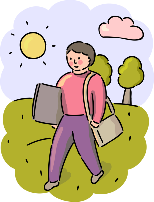 Vector Illustration of Student Walks to School with Schoolwork Assignments in Morning