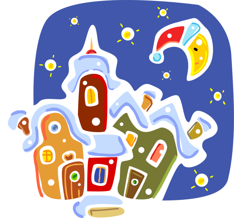 Vector Illustration of Festive Season Christmas Village Scene with Snow Covered Cottage Homes and Moon with Santa Hat