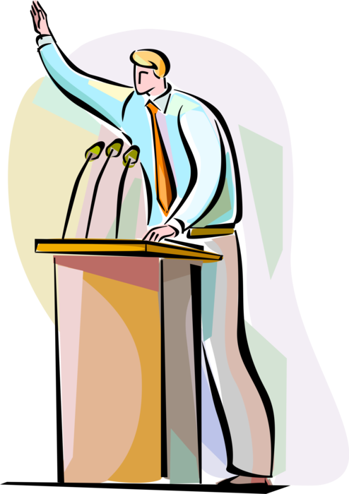 Vector Illustration of Businessman Delivers Speech from Podium with Microphones