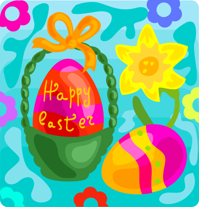 Vector Illustration of Happy Easter Daffodil Flower, Decorated Colored Easter Egg, Easter Basket