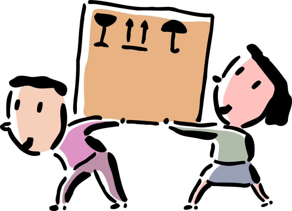Vector Illustration of Man and Woman Carry Fragile Shipping Cardboard Box Carton Shipment