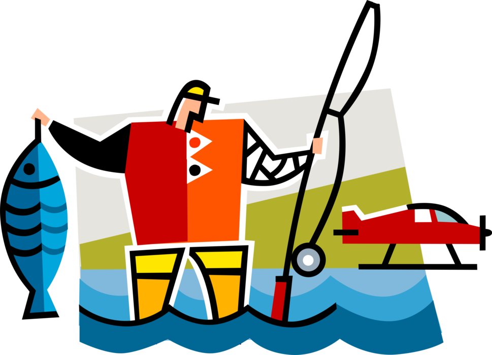 Vector Illustration of Fly-In Fisherman Angler with Floatplane or Float Plane Seaplane and Fishing Rod with Fish Catch