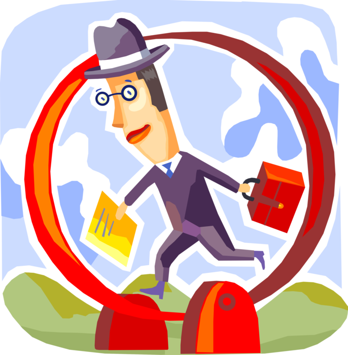 Vector Illustration of Businessman Caught on Treadmill Treadwheel Going Nowhere with Briefcase and Project File