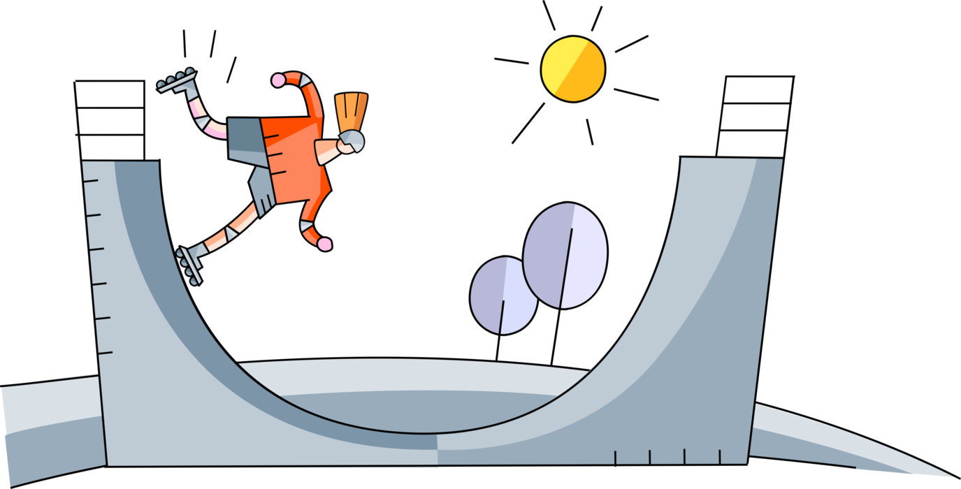 Vector Illustration of Skateboarder Kid with Skateboard Rides Half-Pipe Skateboarding Ramp