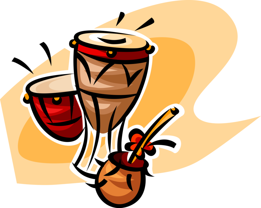 Vector Illustration of African Conga Bongo Drum Percussion Instrument with Coconut Cocktail Drink