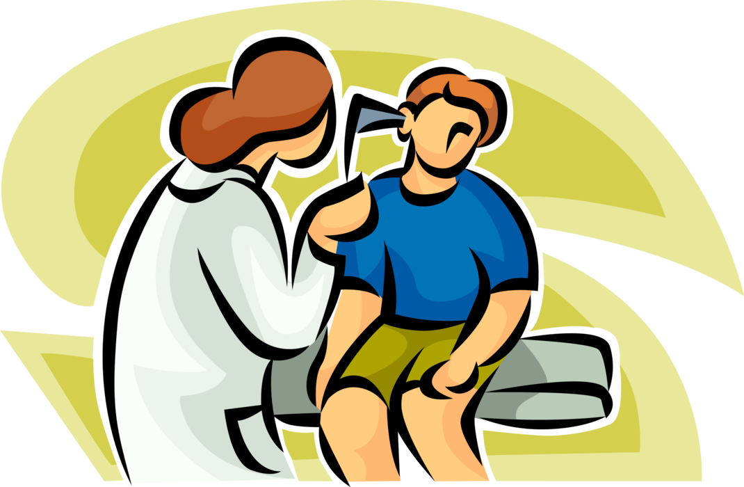 Vector Illustration of Health Care Professional Doctor Physician with Otoscope Examines Young Patient's Ear