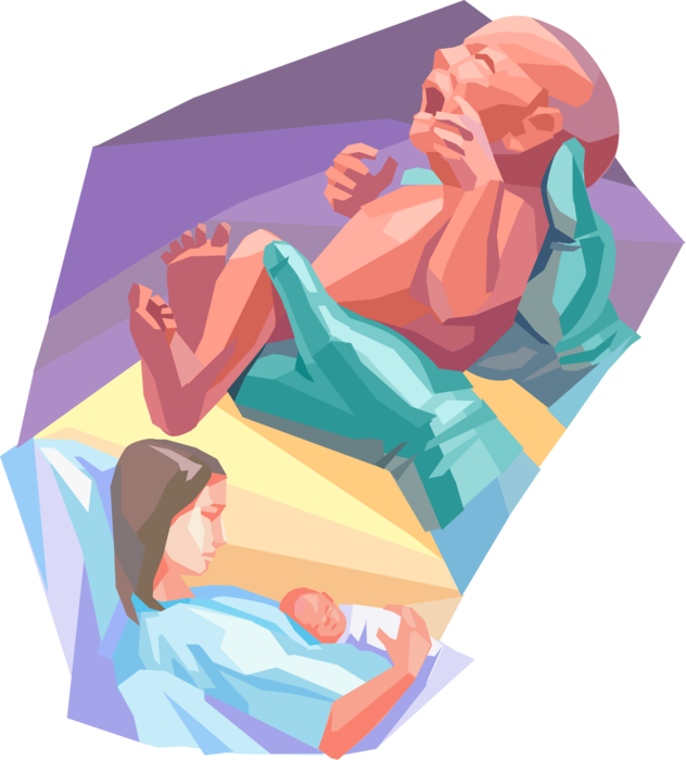 Vector Illustration of New Mother in Hospital Maternity Ward Delivers Newborn Infant Baby During Childbirth