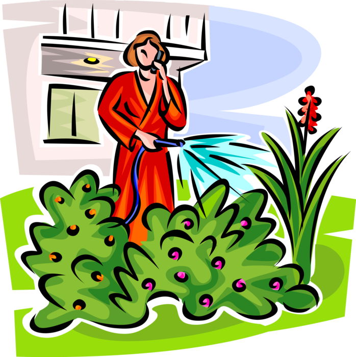Vector Illustration of Gardener Waters Garden Flowers and Plants While Talking on Mobile Cell Phone
