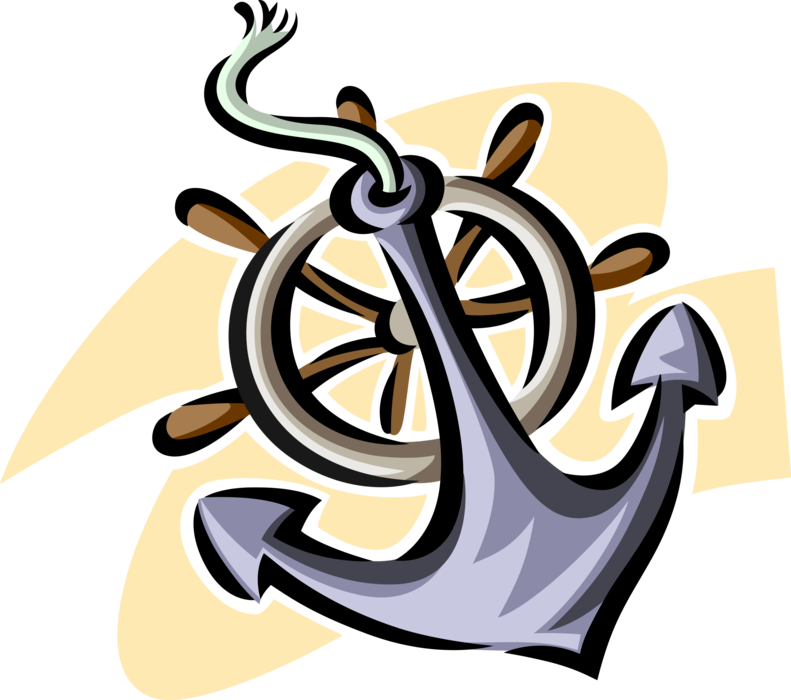 Vector Illustration of Water-Borne Boat Vessel Anchor and Ship's Helm Wheel for Steering Ship
