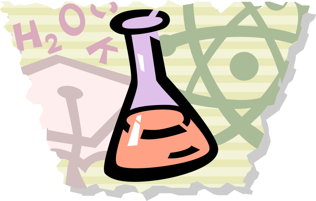 Vector Illustration of Laboratory Glassware Flask Beaker with Graduation Mortarboard Cap and Atom Nucleus
