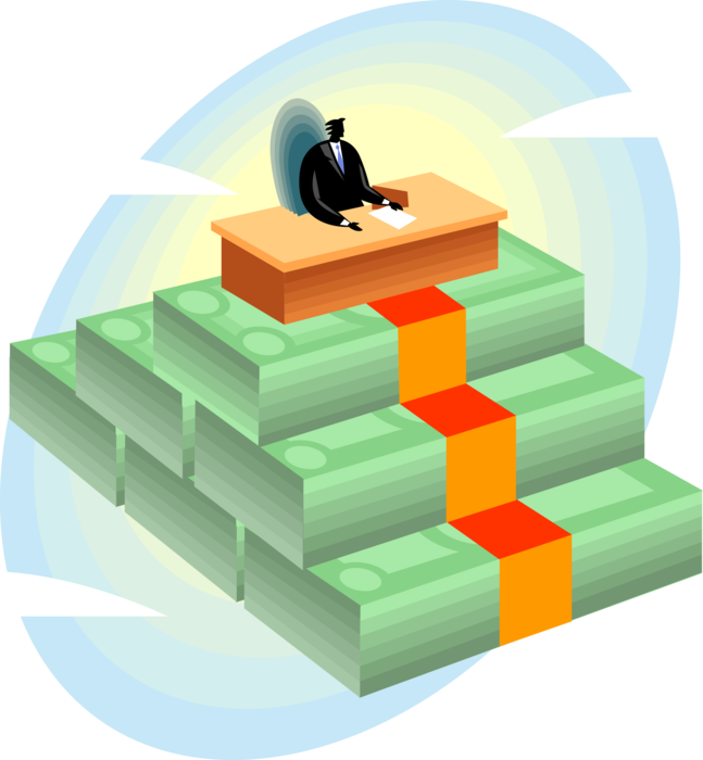 Vector Illustration of Successful Businessman at Work Desk Atop Stack of Currency Cash Money Dollars