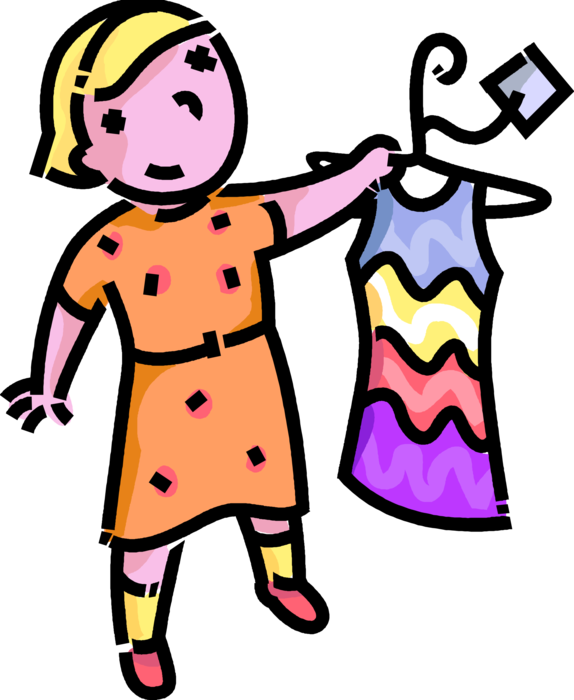 Vector Illustration of Primary or Elementary School Student Girl on Shopping Excursion Buys New Dress Clothing Garment