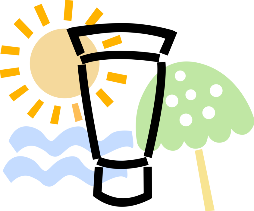 Vector Illustration of Sun Tan Lotion with Umbrella or Parasol on Beach, Sunshine Sun, Ocean Waves