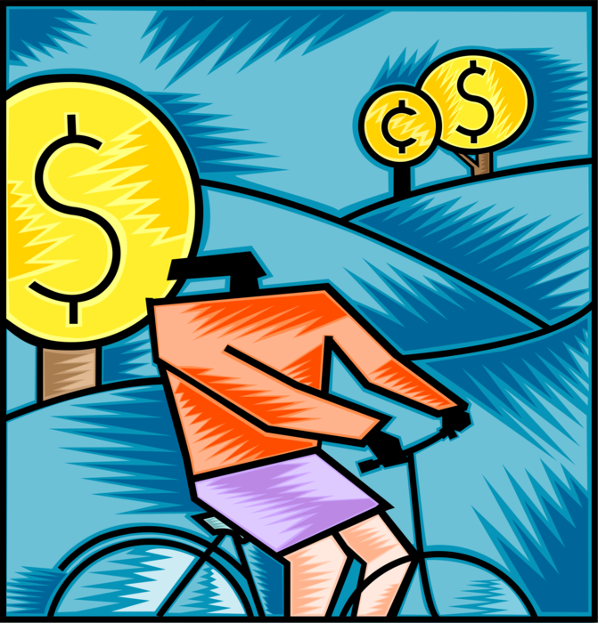 Vector Illustration of Businesswoman Rides Bicycle Outdoors with Finance Cash Money Trees