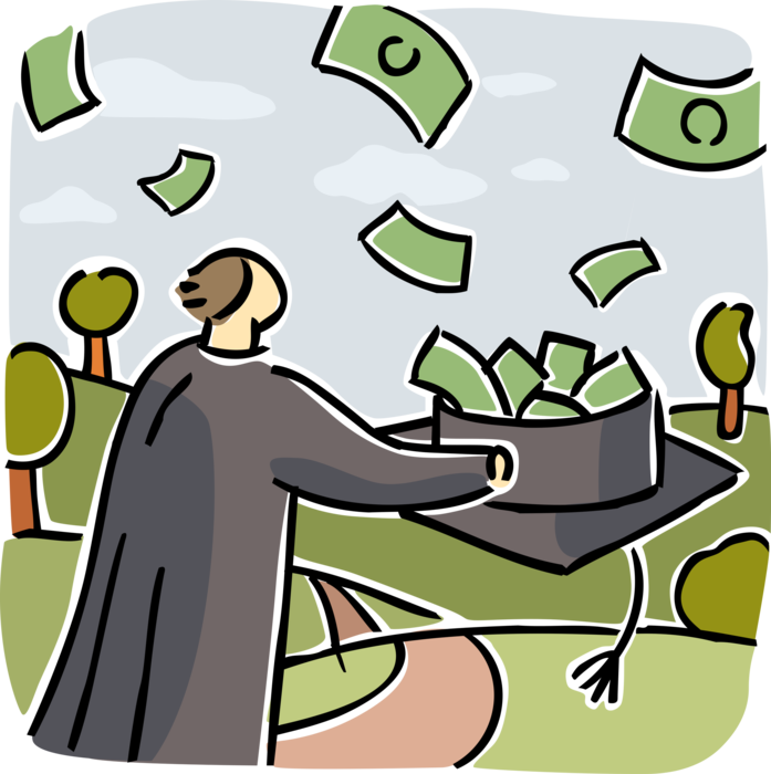 Vector Illustration of High School, College, or University Graduate Reaps Financial Windfall Benefit Cash Money for Graduating 