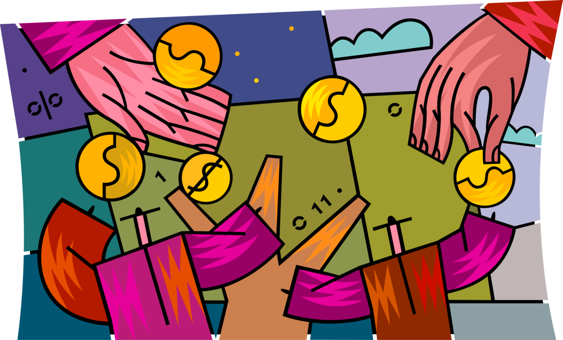 Vector Illustration of Business Associates Receive Cash Bonus Money Coins from Corporate Management Hands