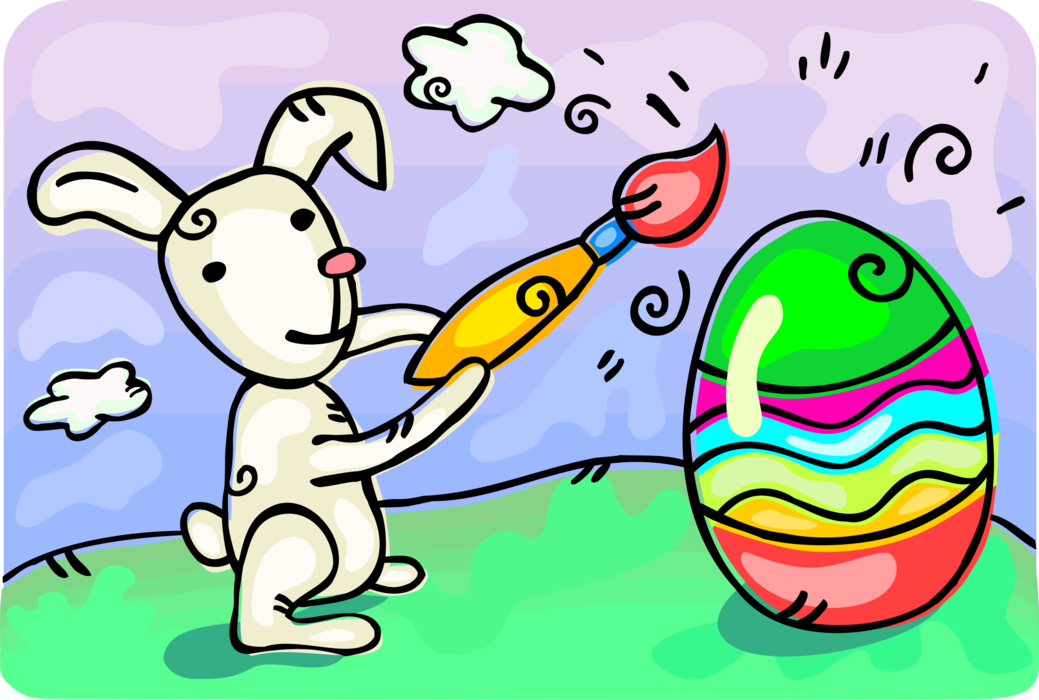 Vector Illustration of Visual Fine Arts Artist Easter Bunny Rabbit Paints Decorated Easter Egg with Paintbrush