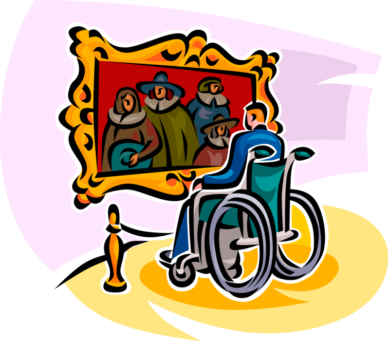 Vector Illustration of Handicapped or Disabled Art Lover in Wheelchair Visits Art Gallery Viewing Masters Painting