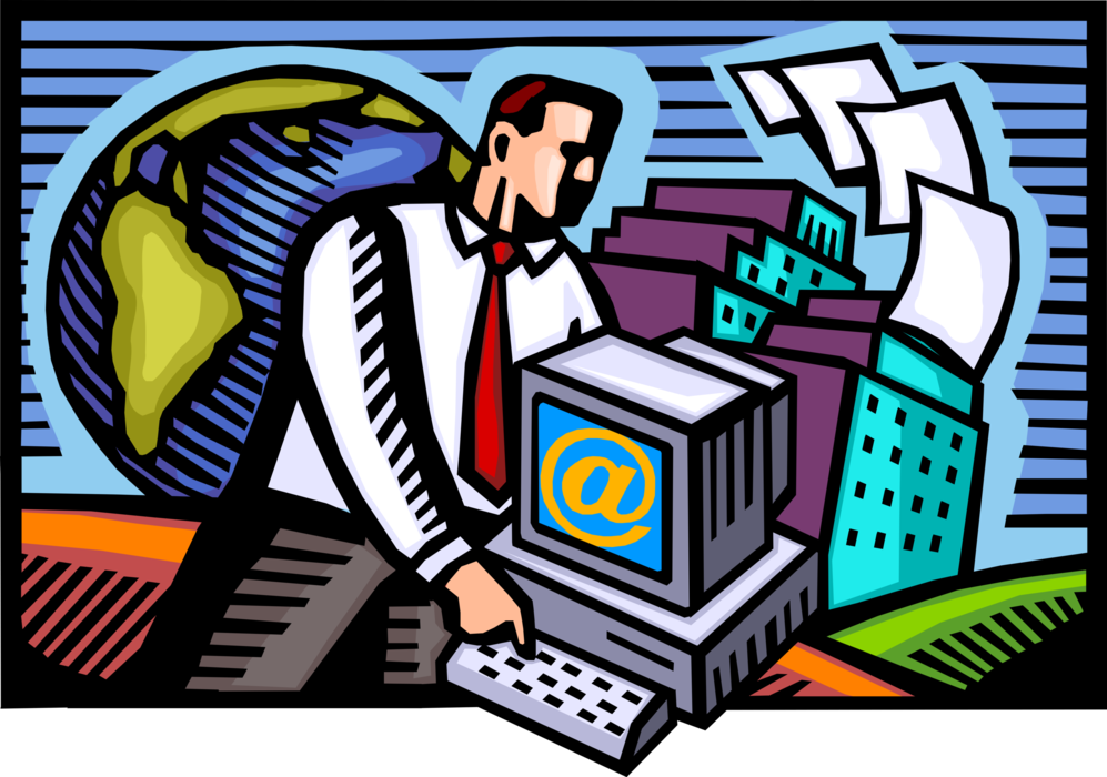 Vector Illustration of Businessman Responds to Email Correspondence on Computer Workstation