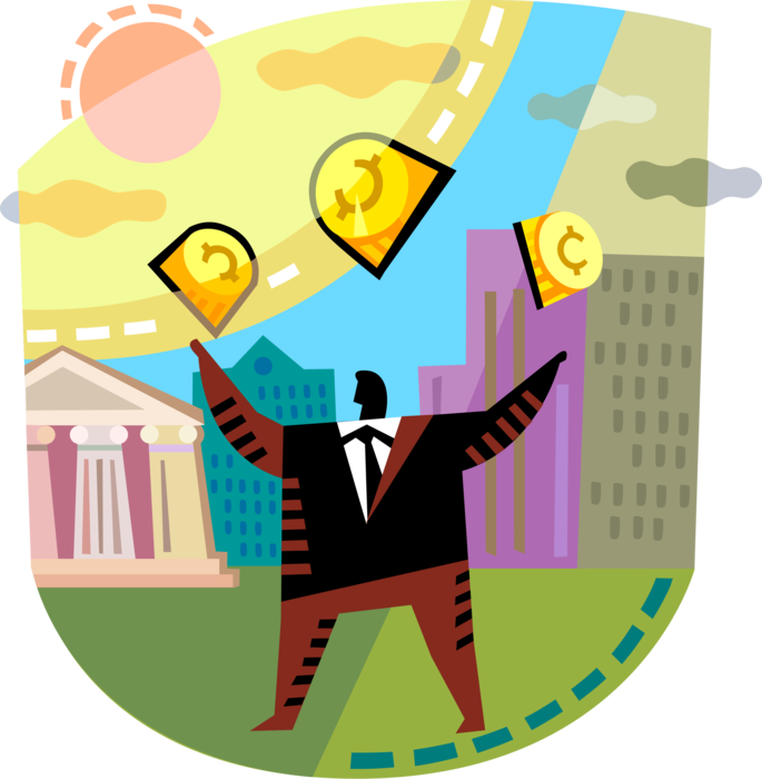 Vector Illustration of Businessman Juggles Financial Cash Money Coins in Air