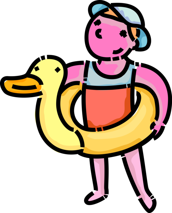 Vector Illustration of Primary or Elementary School Student Child with Inflatable Water Toy Duck for Floatation