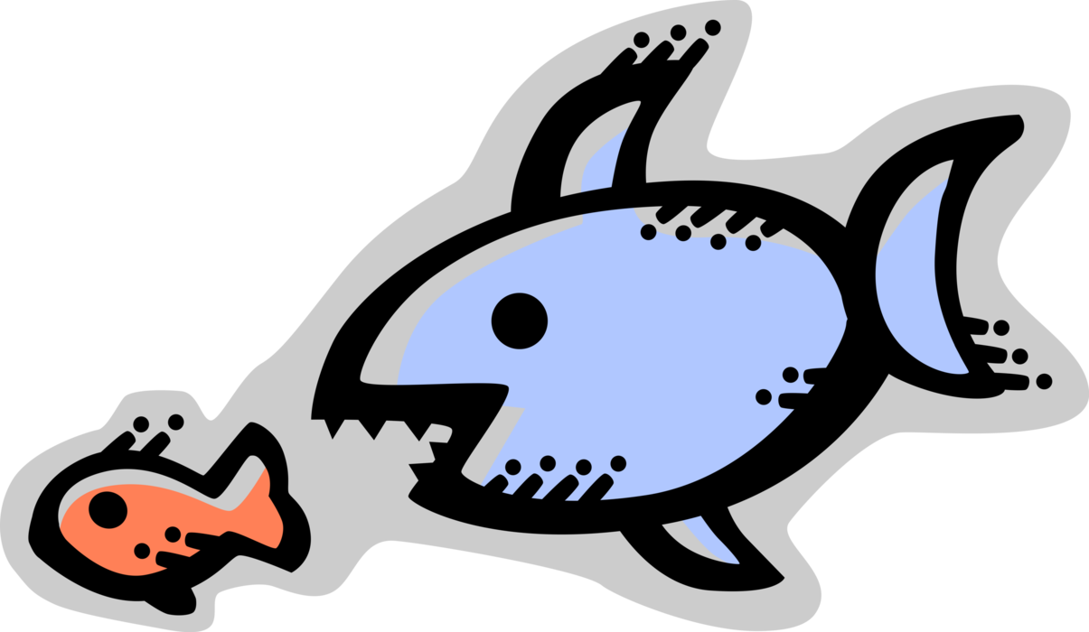Vector Illustration of Small Fish Swallowed Up, Eaten or Destroyed More Powerful Bigger Fish