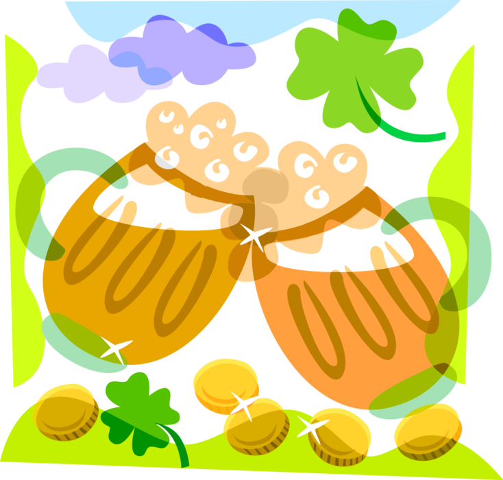 Vector Illustration of St Patrick's Day Beer Mugs Toasting with Four-Leaf Clover Lucky Shamrocks and Gold Coins