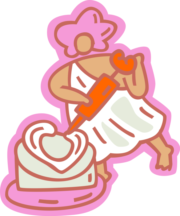 Vector Illustration of Cupid God of Desire and Erotic Love Decorates Baked Cake with Love Heart