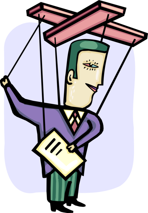 Vector Illustration of Businessman Puppet Controlled and Manipulated by Corporate Management