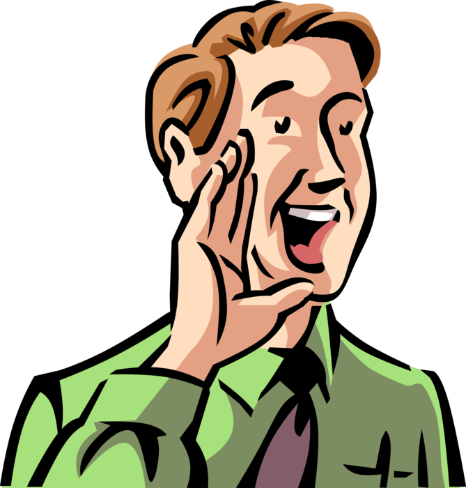 Vector Illustration of Businessman Spreads the Good News Announcement with Hand to Mouth