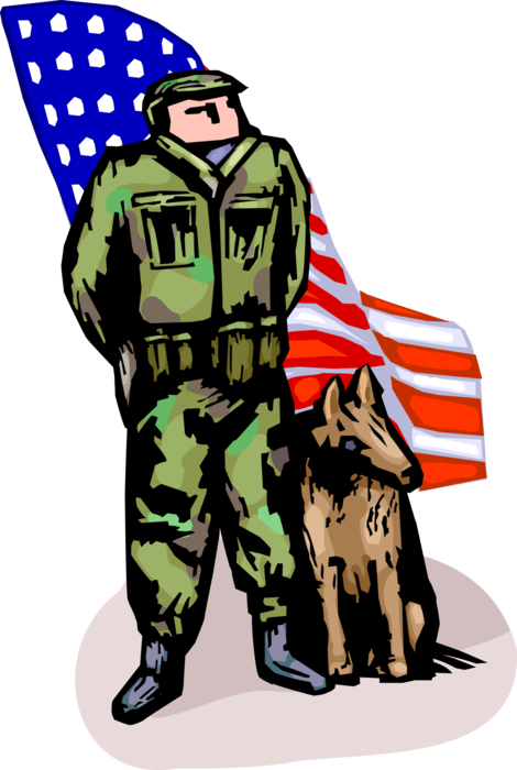 Vector Illustration of United States Military Soldier with Canine Dog and American Flag