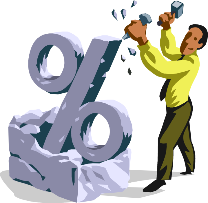 Vector Illustration of Successful Businessman Sculptor with Hammer and Chisel Sculpts Margin Percentage Sign