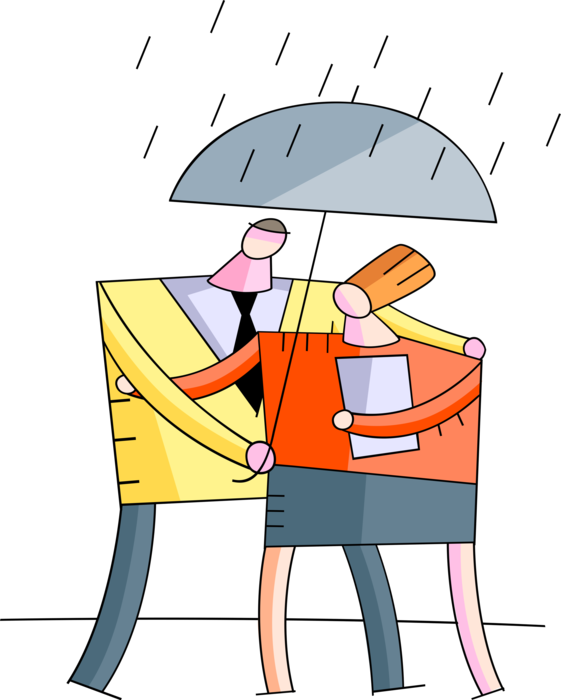 Vector Illustration of Romantic Couple in Relationship Share Umbrella Caught in Rain